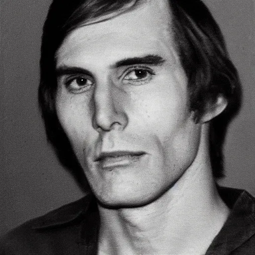 Image similar to A mugshot portrait of a man who looks like Jerma985 with short length wavy hair, a combover and wearing late 1970s menswear in the late 1970s, taken in the late 1970s, grainy, realistic, hyperrealistic, very realistic, highly detailed, very detailed, extremely detailed, detailed, trending on artstation, front facing, front view, headshot and bodyshot, detailed face, very detailed face