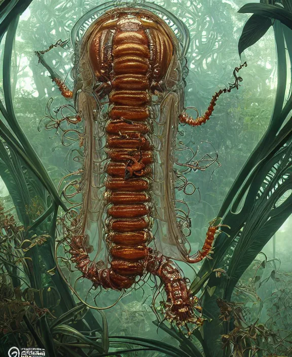 Image similar to intricate ornate opulent transparent clear see - through portrait of a terrifying ugly male alien centipede, mottled coloring, adorable, childlike, overgrown jungle environment, ultra realistic, concept art, art nouveau, photorealistic, octane render, 8 k, unreal engine. art by christopher marley and artgerm and greg rutkowski and alphonse mucha