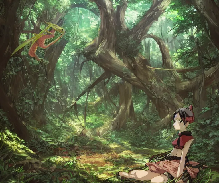 Image similar to gecko in a forest, anime fantasy illustration by tomoyuki yamasaki, kyoto studio, madhouse, ufotable, comixwave films, trending on artstation