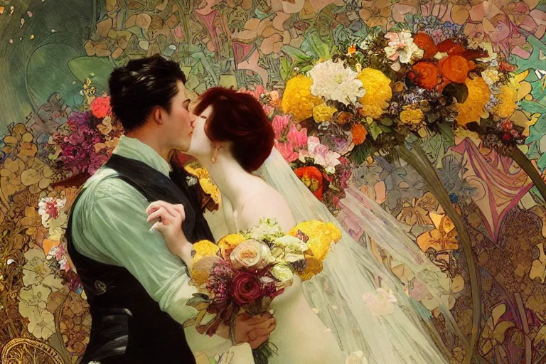 Image similar to the groom kisses the bride at a wedding full of flowers, bright and happy, dreamlike art, highly detail, 4 k realistic, wedding photoy krenz cushart. artem demura. alphonse mucha. yoji shinkawa artgerm. jon lothian. danilo torres. adi meyers. thomas reimann. gaston bussiere.