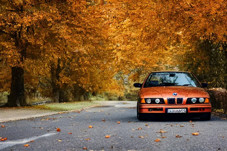 Image similar to A BMW e36 parked in a road with trees, autumn season, Epic photography, taken with a Leica camera, 50 mm, depth of field