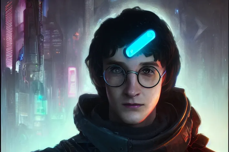 Image similar to portrait of cyborg Harry Potter in cyberpunk, neon lighting, portrait in center, digital art from artstation by Ruan Jia and Mandy Jurgens and Artgerm and william-adolphe bouguereau and Greg Rutkowski and Wayne Barlowe