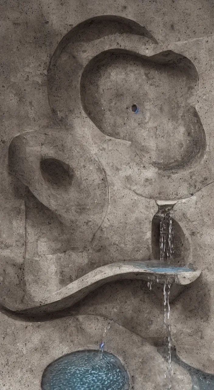 Prompt: a stream of water entering into a machine made from biomorphic amphoras and producing a big coin, in the style of a carlo scarpa fountain, architectural photograph, isometric, infrastructure, kidneys, dynamic lighting, clay texture, 8 k