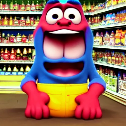 Prompt: stimpy at a grocery store, pixar, brightly lit,