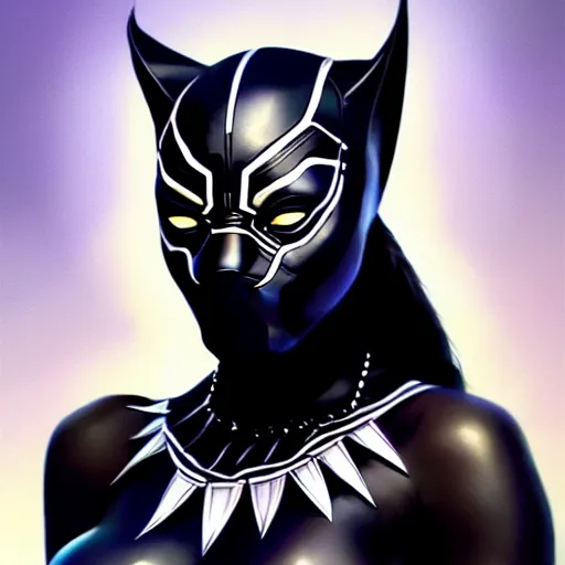 Image similar to portrait of woman black panther character, confident pose, sharp focus, illustration, highly detailed, concept art, matte, trending on artstation, anime, comics, marvel, art by wlop and artgerm and greg rutkowski, h 6 4 0