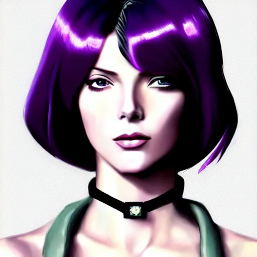 Image similar to A combination of Grace Kelly's and Katheryn Winnick's and Ashley Greene's faces with short violet hair and long winged eyelashes as Motoko Kusanagi from Ghost in The Shell, cyberpunk style, synthwave aesthetic, fantasy, intricate, elegant, highly detailed, digital painting, artstation, concept art, matte, sharp focus, illustration, half body portrait, anime style, art by Artgerm and Greg Rutkowski and Alphonse Mucha