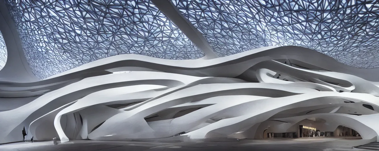 Prompt: futuristic museum, harmony, elegant, photorealistic, epic, high detailed, by zaha hadid