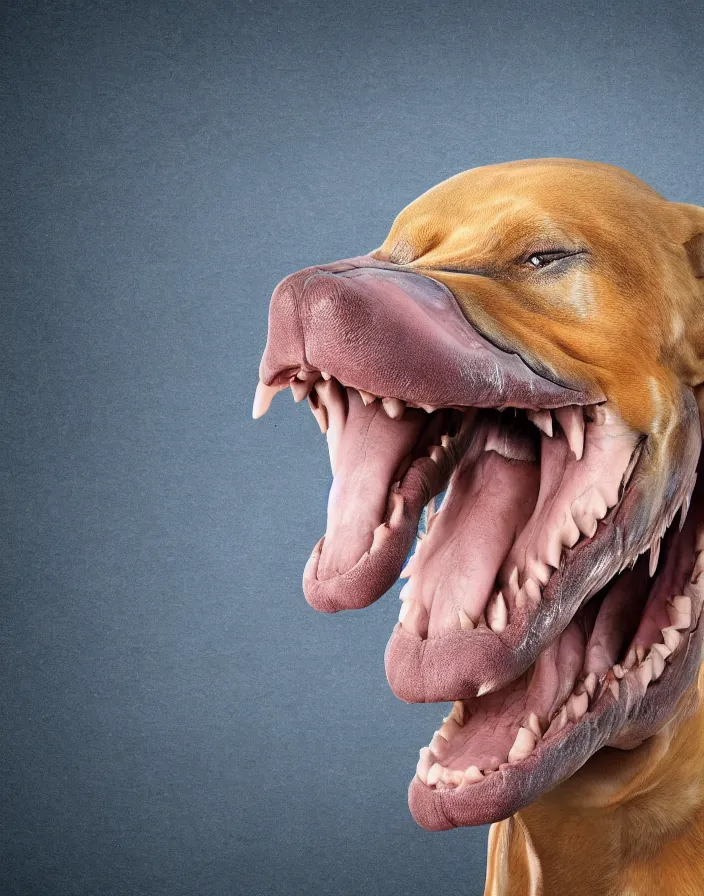 Prompt: closeup portrait of muscular animal human merged head dolphin, morphing dog head, merging crocodile head, anthropomorphic, creature, solid background