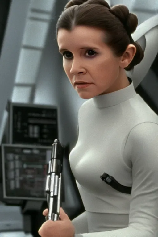 Prompt: princess leia on the bridge of the USS enterprise D, start trek the next generation, 1991