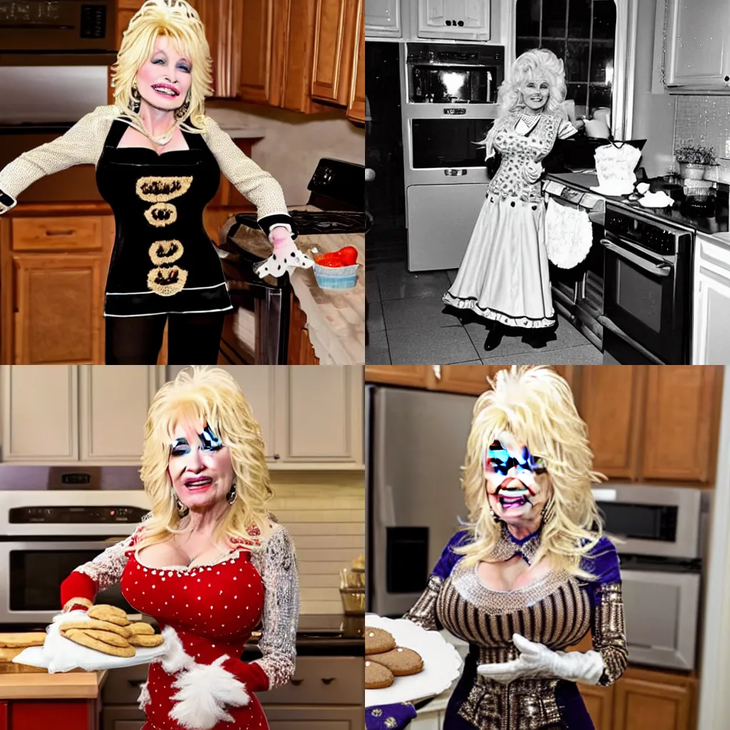 Prompt: Dolly Parton wearing a cat costume, baking cookies in a fancy kitchen.