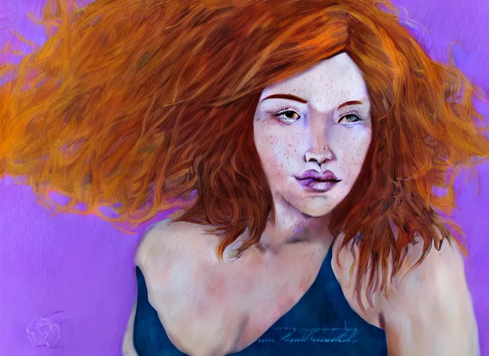 Image similar to portrait Girl with orange hair and freckles, purple background, cute-fine-face, pretty face, realistic shaded Perfect face, fine details. realistic shaded lighting by David Belliveau,