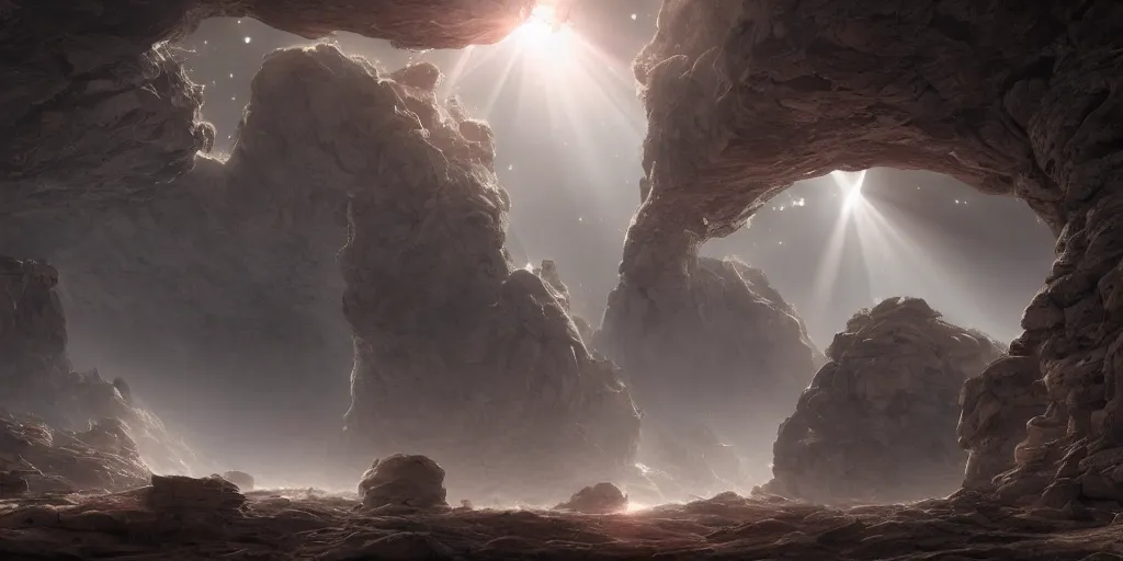 Image similar to ancient alien portal, crowd of androids, beams of light from sky, matte painting, dreamscape, global illumination, the great beyond, trending on artstation, highly detailed