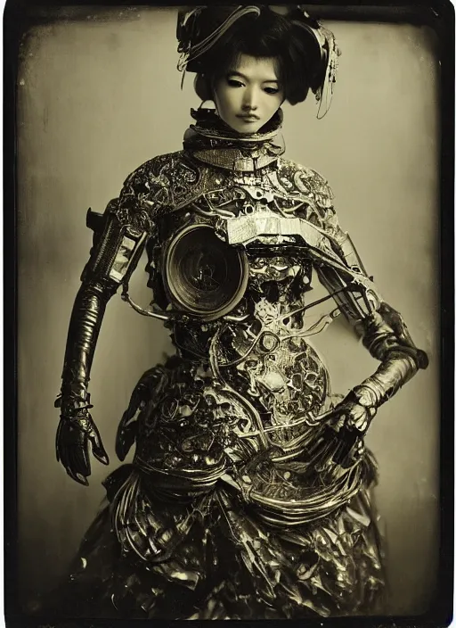 Image similar to old wetplate daguerreotype portrait of a futuristic silver armored geisha cyborg, fractal, intricate, elegant, highly detailed, parallax, leica, medium format, subsurface scattering, by jheronimus bosch and greg rutkowski and louis jacques mande daguerre