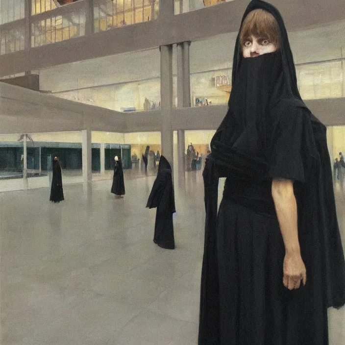 Prompt: woman in black robes, short skirt, in magnificent shopping mall, artstation, art by edward hopper, zdislav beksinski, wayne barlowe, edward hopper