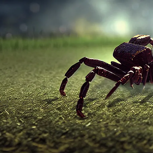 Image similar to a mechanical scorpion in a field surrounded by nanobots