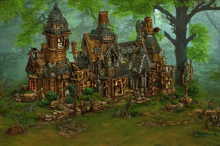 Image similar to photograph of a fantasy style woodland mansion with cogwheeled mechanic doors in an ancient forest