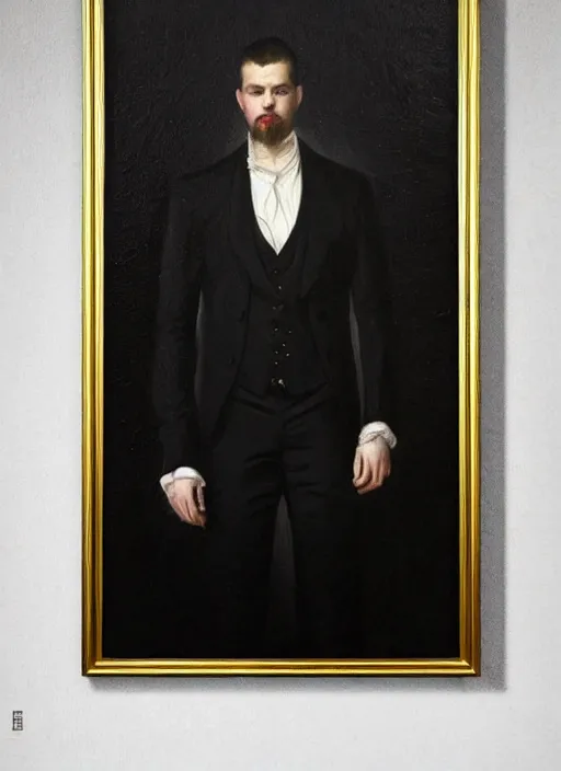 Image similar to highly detailed oil painting | very intricate | cinematic lighting | black, white and gold color scheme, dark background | the business man by alexander mcqueen | by roberto ferri, by gustav moreau, by singer sargent and klimt, american romanticism, occult art | by austin osman spare, artstation, cgsociety, official art, octane