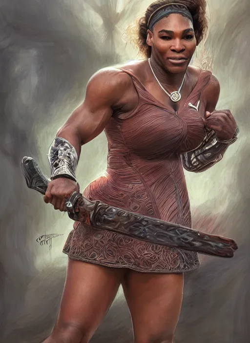 Image similar to serena williams as a ruggedly handsome hero holding an enormous large dual wielding sword, intricate, elegant, highly detailed, centered, digital painting, artstation, concept art, smooth, sharp focus, illustration, artgerm, donato giancola, Joseph Christian Leyendecker, WLOP, Boris Vallejo, Artgerm