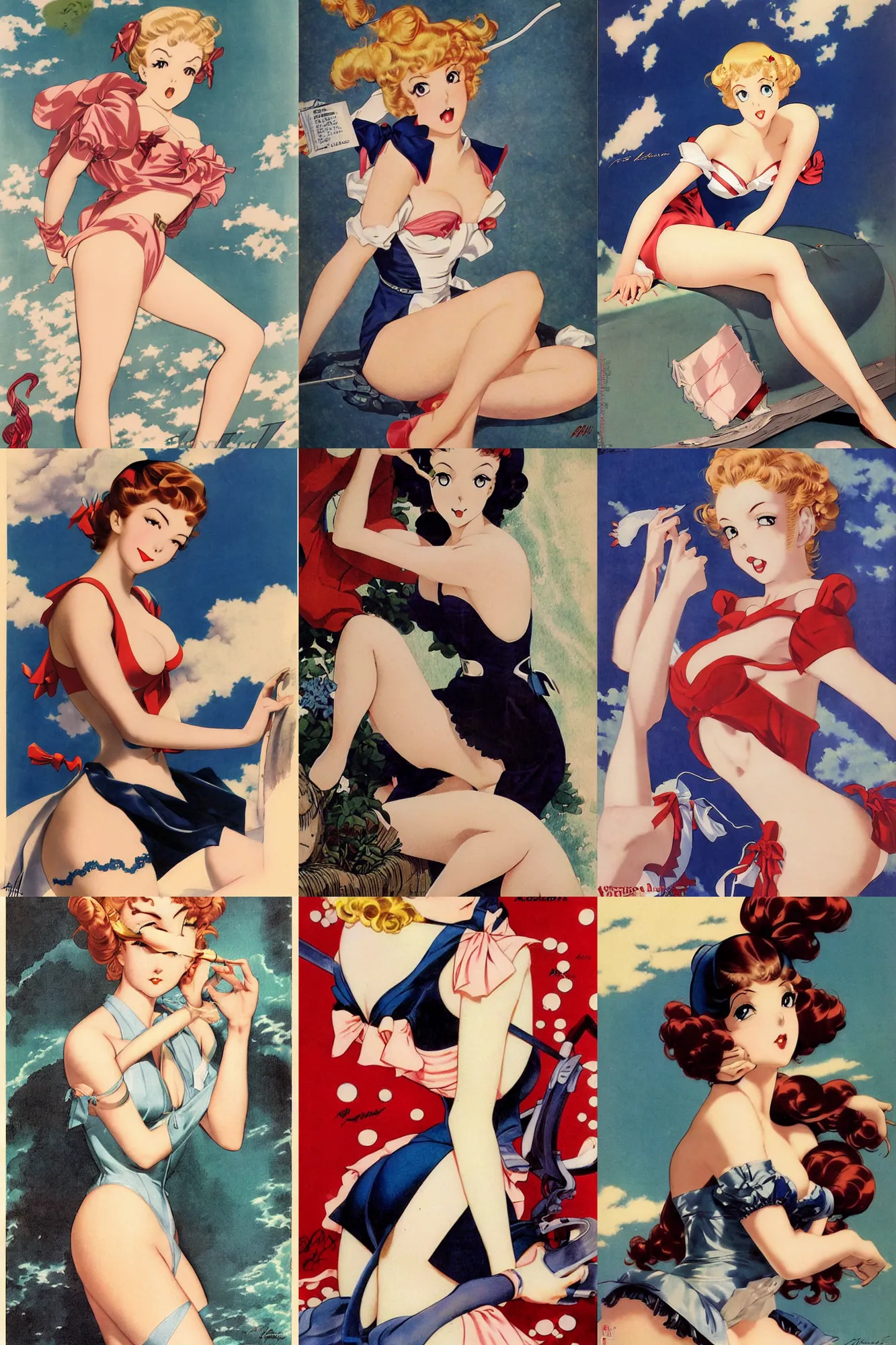 Prompt: anime girl portrait by alberto vargas and gil elvgren