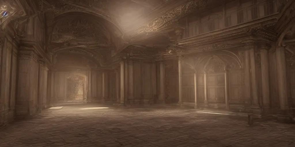 Image similar to empty temple high ceiling, victorian, soft light, ominous, photorealistic, detailed, 8k