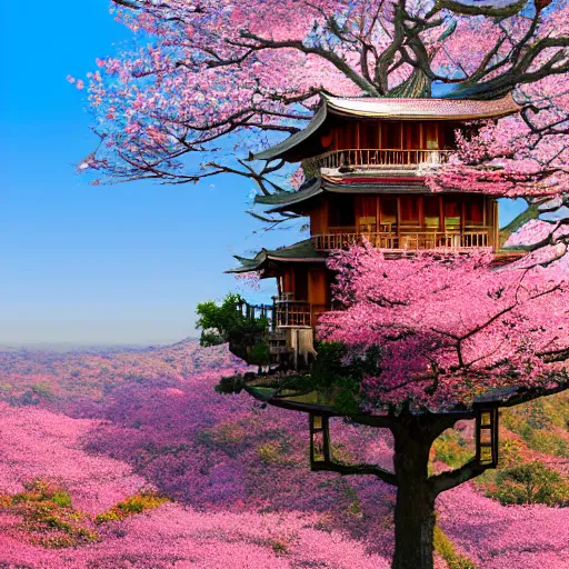 Image similar to fancy pagoda styled treehouse mansion on cliff overlooking terraced fields and pink cherry blossom trees, detailed luminescent painting 4 k