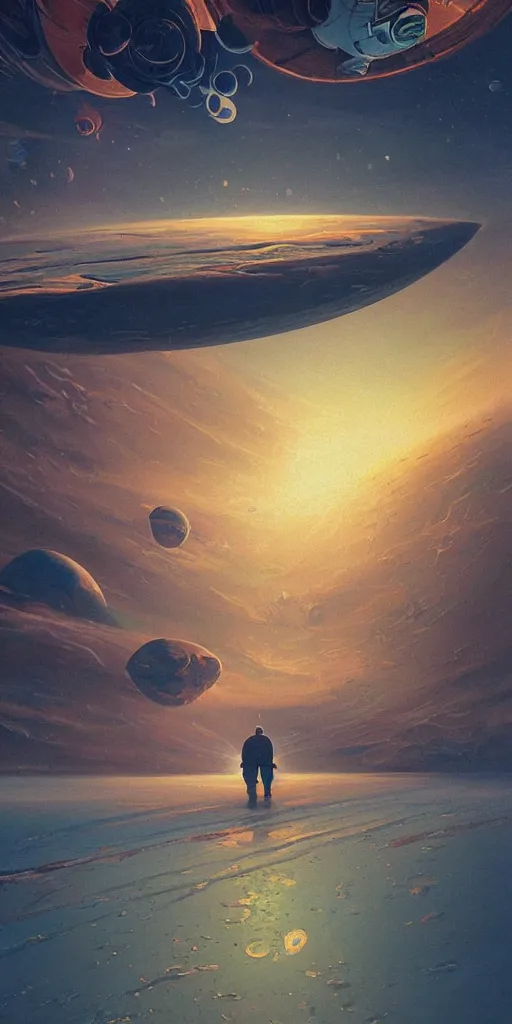 Image similar to walking across the sea of tranquility, a highly detailed cinematic oil painting by roger dean and alena aenami, crashed spaceship!!, dynamic lighting