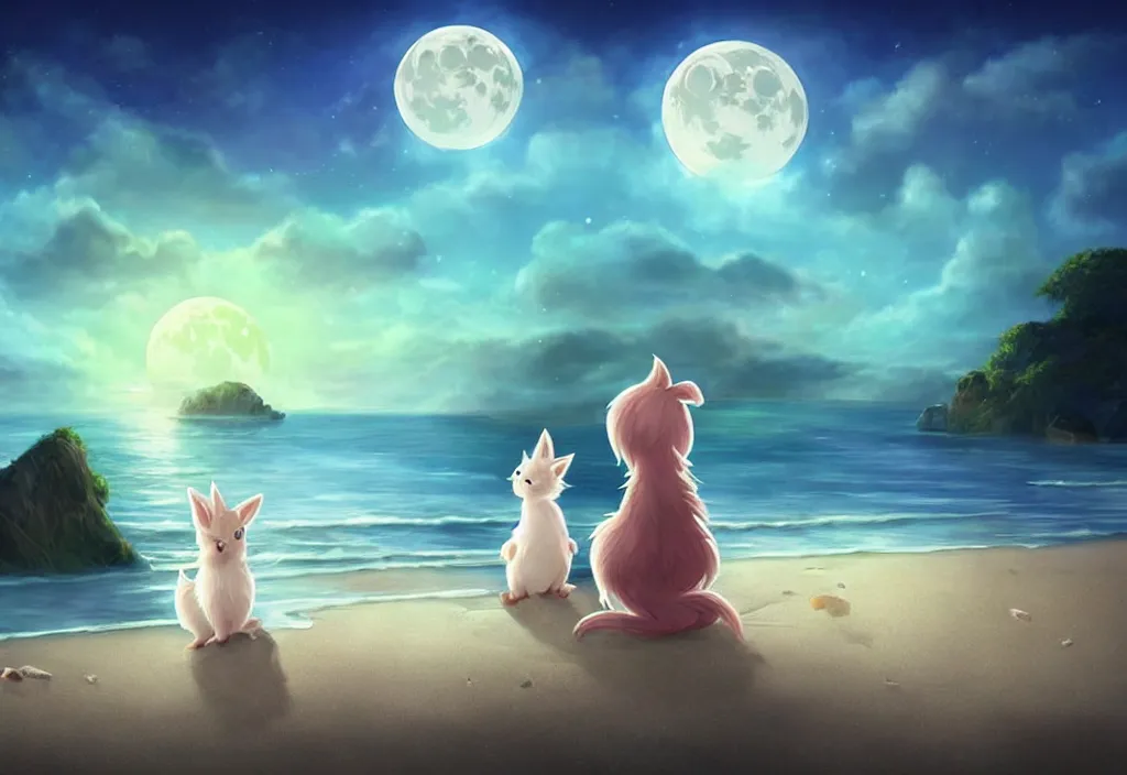 Image similar to cute magical fantasy animals at a beach looking at the moon, realistic, concept art, highly detailed