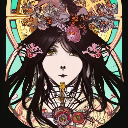 Image similar to anime manga skull portrait girl female robot cyborg mecha skeleton illustration detailed style by Alphonse Mucha pop art nouveau