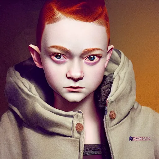 Prompt: a highly detailed epic cinematic concept art CG render digital painting artwork costume design: Sadie Sink, pixie shaved cut, side, in a used 1950s man's coat and hoodie. muted grey colors with tiny yellow accents. By Greg Rutkowski, Ilya Kuvshinov, WLOP, Stanley Artgerm Lau, Ruan Jia and Fenghua Zhong, trending on ArtStation, made in Maya, Blender and Photoshop, octane render, excellent composition, cinematic atmosphere, dynamic dramatic cinematic lighting, aesthetic, very inspirational, arthouse