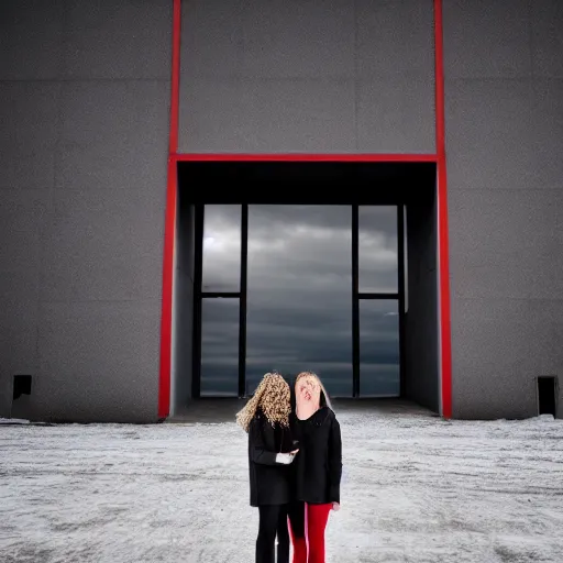 Image similar to photograph of 2 women wearing black techwear in front of a brutalist sharp - edged metal building, on a desolate plain, red eerie sky, sigma 8 5 mm f / 1. 4, 4 k, depth of field, high resolution, 4 k, 8 k, hd, full color