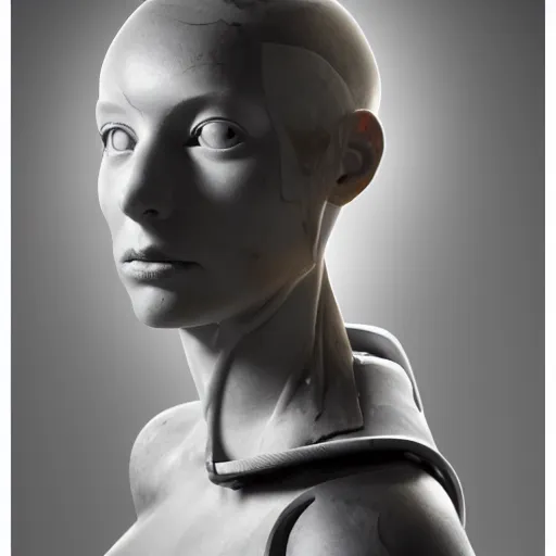 Image similar to a head and shoulders portrait of a female cyborg in her 20s, sculpture made of marble and aluminum, studio photography, cyberpunk lighting