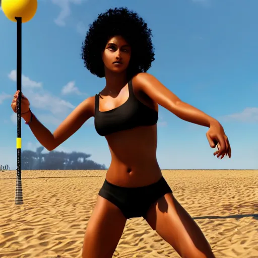 Image similar to A brown girl with black curly hair playing beach volleyball at the beach, highly detailed, artstation, 8k,