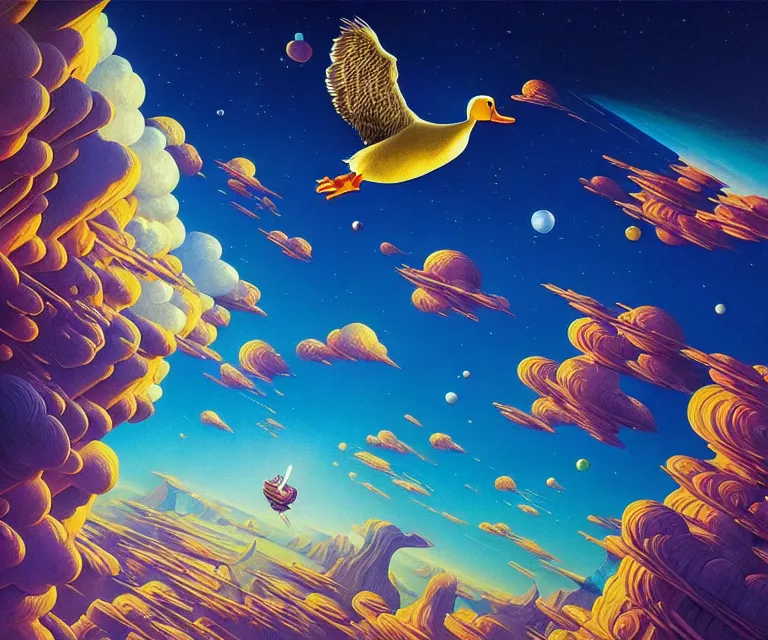 Image similar to hyper detailed 3d render like a Oil painting - a cartoon duck soaring far above the earth into deep space, by Jacek Yerka, Mariusz Lewandowski, Houdini algorithmic generative render, Abstract brush strokes, Masterpiece, Edward Hopper and James Gilleard, Zdzislaw Beksinski, Mark Ryden, Wolfgang Lettl, hints of Yayoi Kasuma, octane render, 8k