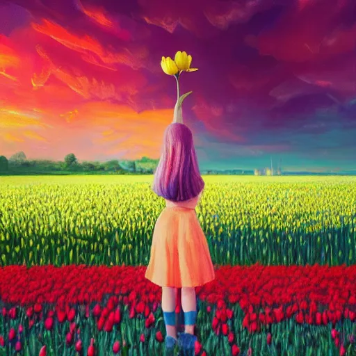 Image similar to girl with a single giant tulip as a head, surreal photography, flower field, sunset dramatic light, impressionist painting, colorful clouds, blue sky, digital painting, artstation, simon stalenhag