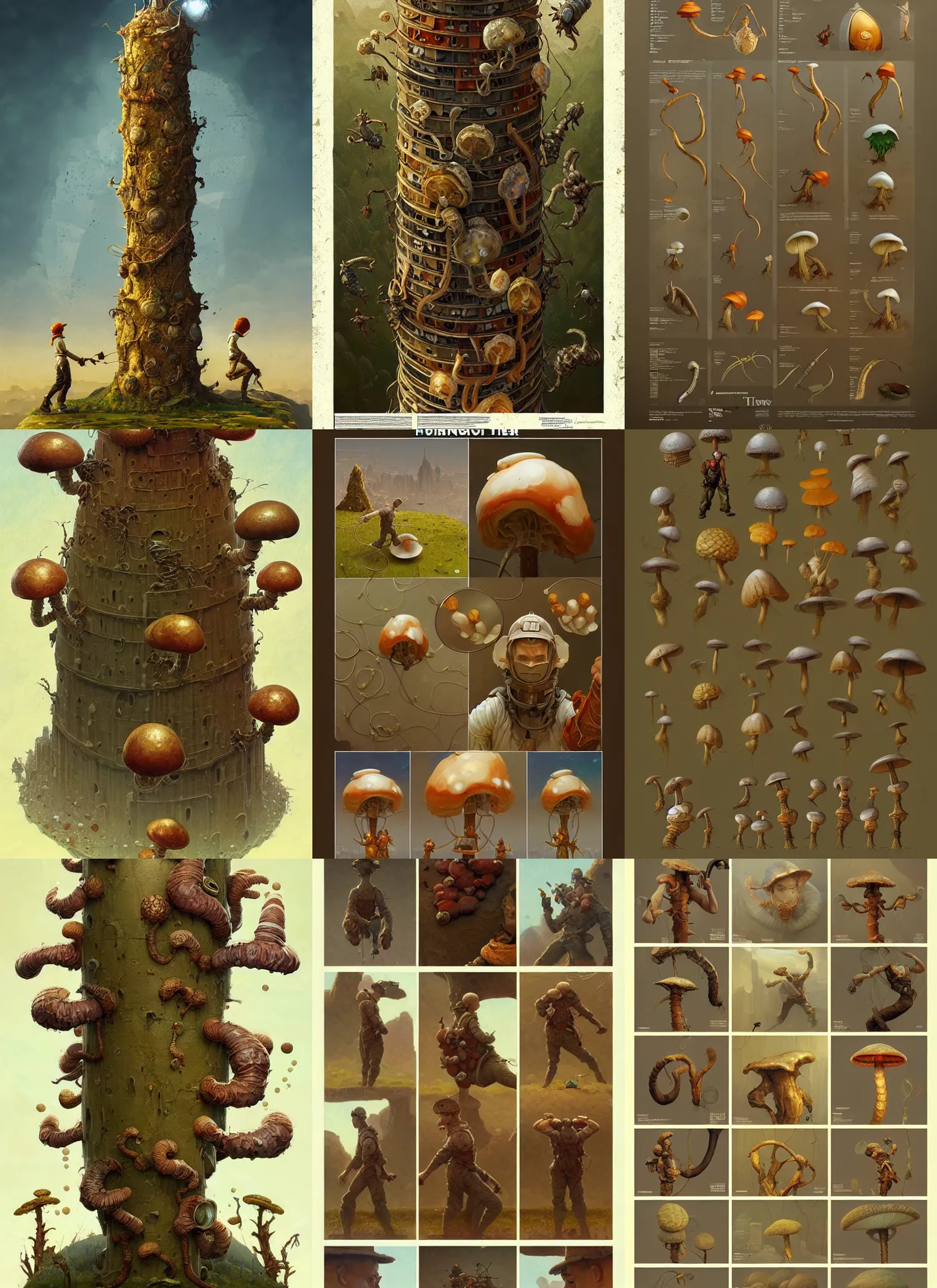 Prompt: fungus tower reference sheet on white background, action pose, intricate, highly detailed, digital painting, artstation, concept art, smooth, sharp focus, illustration, art by norman rockwell emiliano ponzi andrey remnev yoann lossel aaron jasinski, 8 k