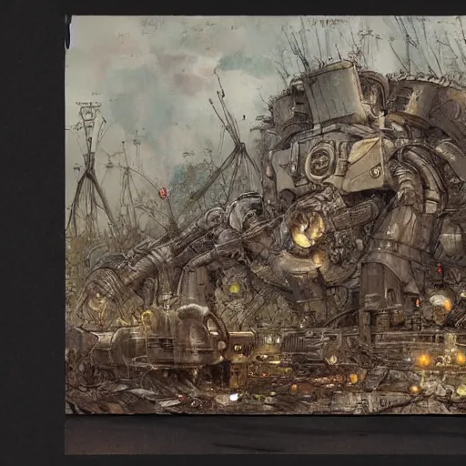 Prompt: cluttered science fiction robot wrecking yard. muted colors. by Jean-Baptiste Monge !!!!!!!!!!!!!!!!!