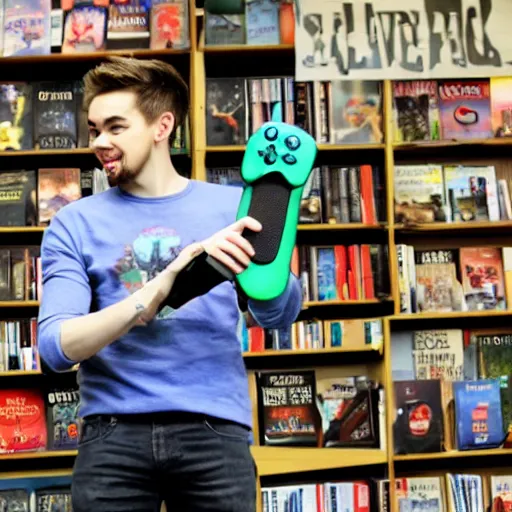 Image similar to jacksepticeye wearing blue jeans playing a video game in a bookstore