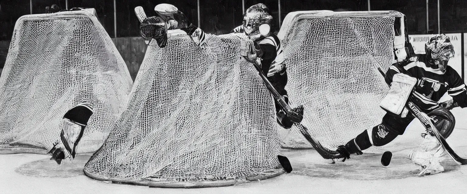 Image similar to detailed sharp photograph in the style of popular science circa 1 9 5 5 of a goalie at his net in a hockey game