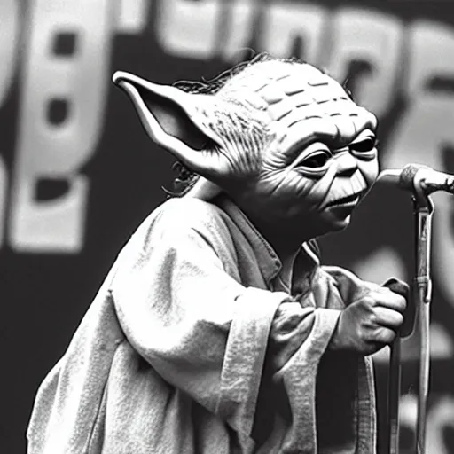 Image similar to yoda performing at woodstock