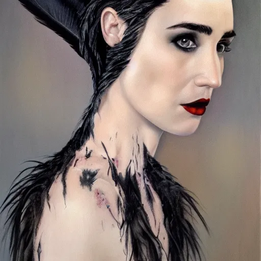 Image similar to detailed realistic oil painting youthful young jennifer connelly with black feathers instead of hair, dark fae, black lips, gray mottled skin, feathers growing out of skin, feathers growing from arms, black hands with long black claws, pale and sickly, profile view, gothic