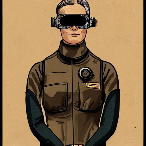 Image similar to retrofuture tattooed stoic heroic emotionless dirty butch blonde woman mechanic with very short slicked - back hair, full body, uncomfortable awkward and anxious, wearing dark - lensed victorian goggles, wearing flight suit, moebius, rough paper, smooth median photoshop filter cutout vector, moebius, ron cobb, sci fi, behance hd