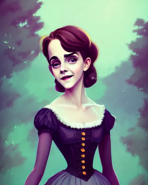 Prompt: beautiful full body Emma Watson goofy smiling dressed in victorian style fashion, photographic castle gardens background illustration by lois van baarle and loish and ross tran and rossdraws and sam yang and samdoesarts and artgerm, digital art, highly detailed, intricate, sharp focus, Trending on Artstation HQ, deviantart
