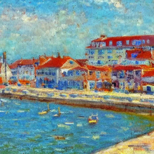 Prompt: a town by the seaside, impressionist