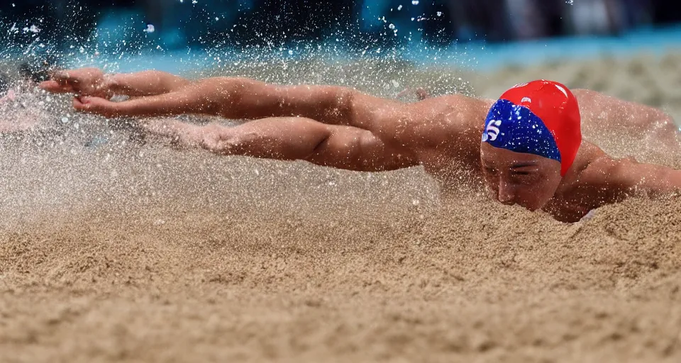 Image similar to olympic swimming in sand instead of water, extremely coherent, motion blur