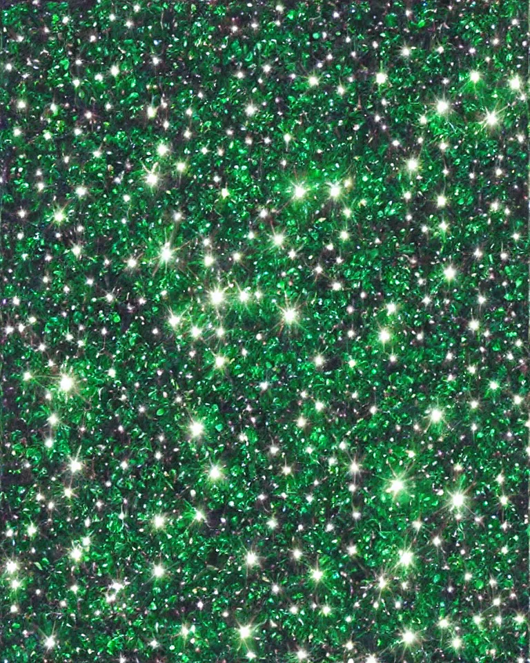 Image similar to “extreme close up print of tiny sparkling emeralds by Raphael, Hopper, and Rene Magritte. Achingly beautiful, detailed, enchanting, romantic, trending on artstation”