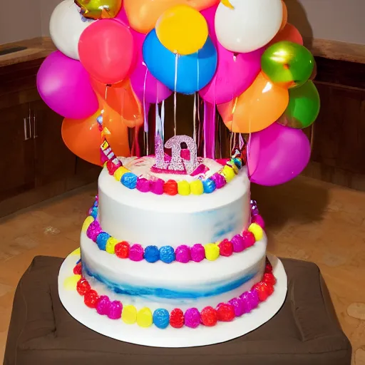 Image similar to a giant birthday cake with plenty of birthday balloons surrounding it