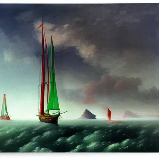 Image similar to minimalist symmetrical red clouds and green ocean in iceland fjord with tall futuristic zaha hadid sailboat painting by ivan aivazovsky