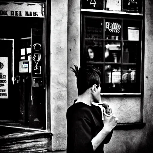 Image similar to androgynous punk smoking cigarette outside bar, photo iphone