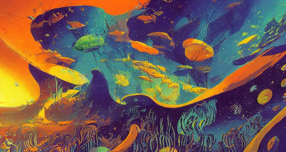 Image similar to i live in a seashell, concept art by bill sienkiwicz and john harris, triadic color scheme