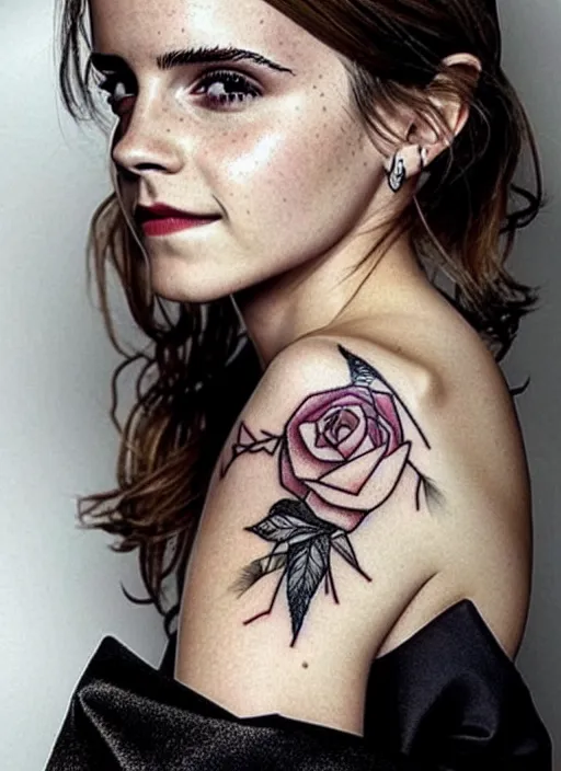 Image similar to emma watson, dope tattoo, hyperrealistic